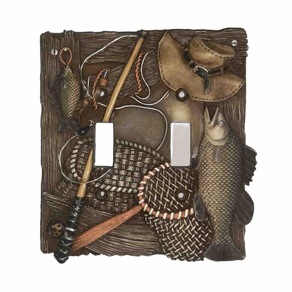 Fishing Gear 3D Man Cave Boathouse Double Light Switch Cover Plate - Picture 1 of 2